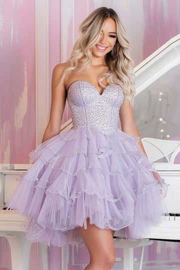 Sparkly Strapless A Line Tiered Lilac Homecoming Dress